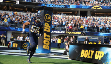 Oct 23, 2025; Inglewood, California, USA;  Los Angeles Chargers outside linebacker Khalil MacK (52) as he leaves the field following the game against the Minnesota Vikings at SoFi Stadium. Mandatory Credit: Jayne Kamin-Oncea-Imagn Images