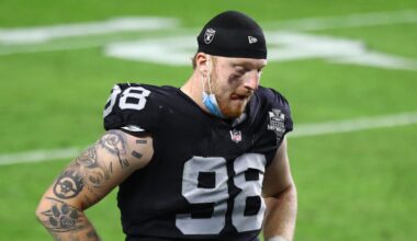 Dec 26, 2020; Paradise, Nevada, USA; Las Vegas Raiders defensive end Maxx Crosby (98) reacts following the game against the Miami Dolphins at Allegiant Stadium. Mandatory Credit: Mark J. Rebilas-Imagn Images