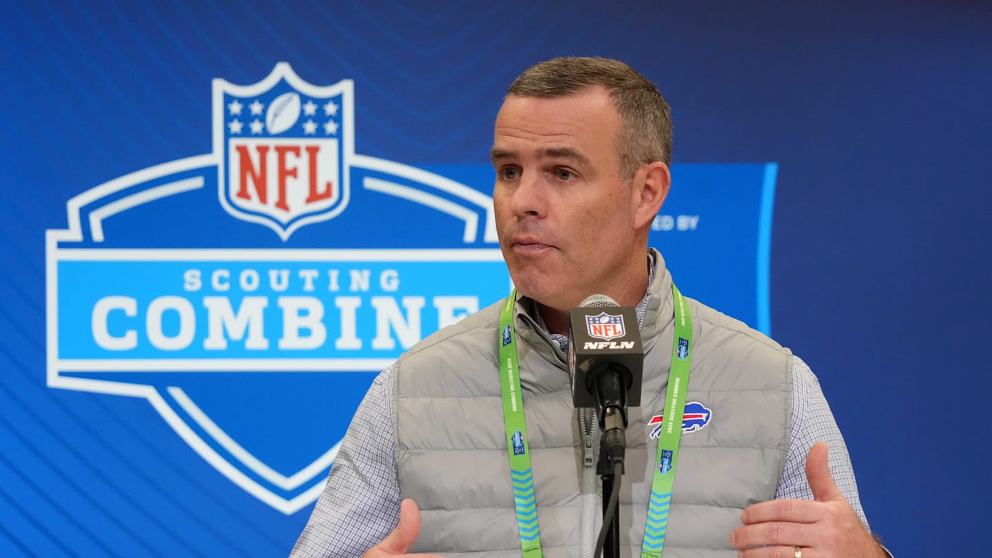 Feb 25, 2025; Indianapolis, IN, USA; Buffalo Bills general manager Brandon Beane speaks during the NFL Scouting Combine at the Indiana Convention Center. Mandatory Credit: Kirby Lee-Imagn Images