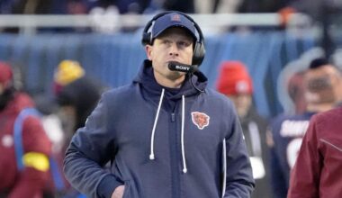 Jan 4, 2026; Chicago, Illinois, USA; Chicago Bears head coach Ben Johnson looks on from the sideline against the Detroit Lions during the first half at Soldier Field. Mandatory Credit: David Banks-Imagn Images
