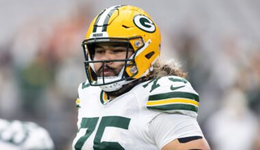Oct 19, 2025; Glendale, Arizona, USA; Green Bay Packers guard Sean Rhyan (75) against the Arizona Cardinals at State Farm Stadium. Mandatory Credit: Mark J. Rebilas-Imagn Images