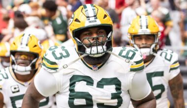 Oct 19, 2025; Glendale, Arizona, USA; Green Bay Packers tackle Rasheed Walker (63) against the Arizona Cardinals at State Farm Stadium. Mandatory Credit: Mark J. Rebilas-Imagn Images