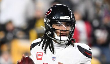 Jan 12, 2026; Pittsburgh, PA, USA; Houston Texans quarterback C.J. Stroud (7) drops to throw during the first half of an AFC Wild Card Round game against the Pittsburgh Steelers at Acrisure Stadium. Mandatory Credit: Barry Reeger-Imagn Images