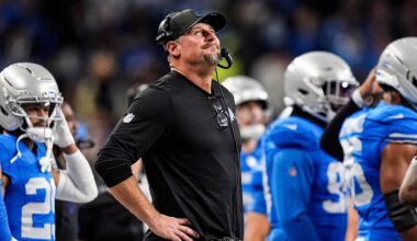 Detroit Lions head coach Dan Campbell reacts to a play against Green Bay Packers during the first half at Ford Field in Detroit on Thursday, Nov. 27, 2025.