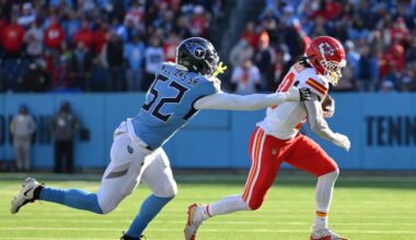Dec 21, 2025; Nashville, Tennessee, USA; Kansas City Chiefs running back Isiah Pacheco (10) runs against Tennessee Titans linebacker James Williams Sr. (52) during the first half at Nissan Stadium. Mandatory Credit: Steve Roberts-Imagn Images