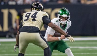 New Orleans Saints defensive end Cameron Jordan sacks New York Jets quarterback Brady Cook