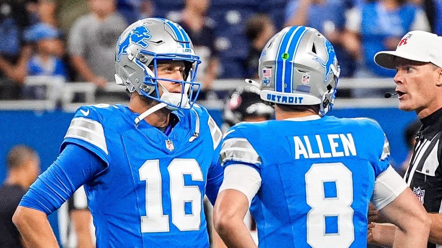 Detroit Lions quarterback Jared Goff (16) and quarterback Kyle Allen (8) talk to a referee ahead of the Houston Texans game at Ford Field in Detroit on Saturday, August 23, 2025.