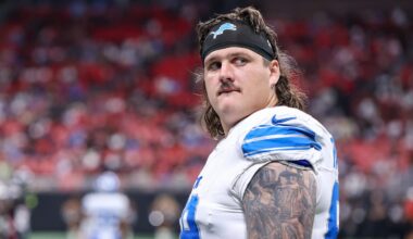 Aug 8, 2025; Atlanta, Georgia, USA; Detroit Lions guard Tate Ratledge (69) after an injury to safety Morice Norris (not pictured) against the Atlanta Falcons in the fourth quarter at Mercedes-Benz Stadium. Mandatory Credit: Brett Davis-Imagn Images