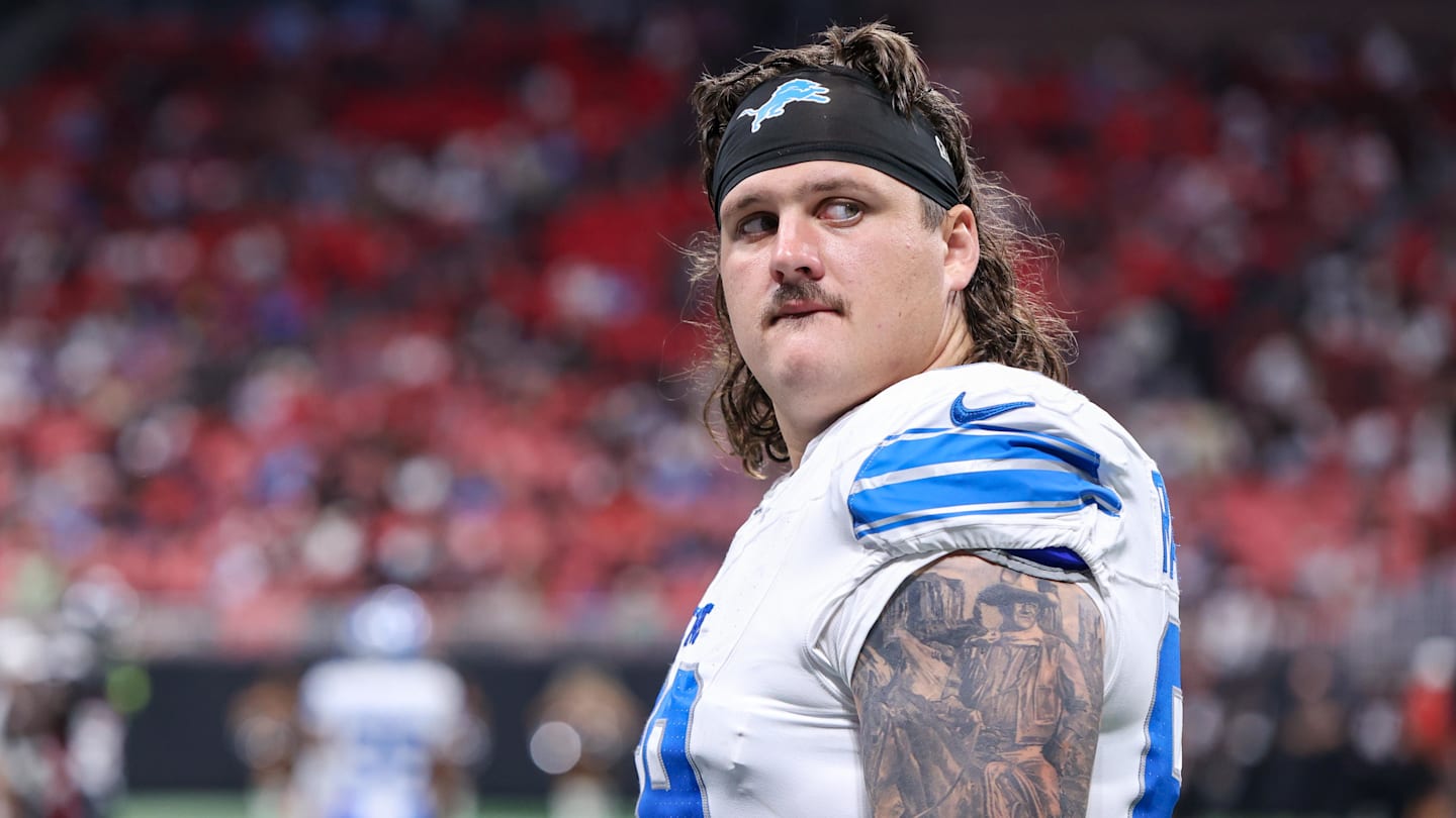 Aug 8, 2025; Atlanta, Georgia, USA; Detroit Lions guard Tate Ratledge (69) after an injury to safety Morice Norris (not pictured) against the Atlanta Falcons in the fourth quarter at Mercedes-Benz Stadium. Mandatory Credit: Brett Davis-Imagn Images