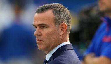 Dec 8, 2024; Inglewood, California, USA; Buffalo Bills general manager Brandon Beane reacts during the game against the Los Angeles Rams at SoFi Stadium. Mandatory Credit: Kirby Lee-Imagn Images