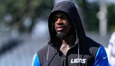 Detroit Lions linebacker Al-Quadin Muhammad (96) walks off the field after practice during training camp at Meijer Performance Center in Allen Park on Thursday, July 24, 2025.