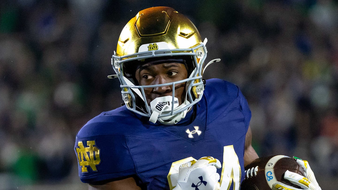 Oct 18, 2025; South Bend, Indiana, USA;  Notre Dame Fighting Irish running back Jadarian Price (24) runs the ball during the first half at Notre Dame Stadium. Mandatory Credit: Michael Caterina-Imagn Images