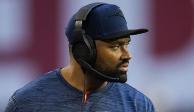 Dec 15, 2024; Glendale, Arizona, USA; New England Patriots head coach Jerod Mayo against the Arizona Cardinals at State Farm Stadium. Mandatory Credit: Mark J. Rebilas-Imagn Images