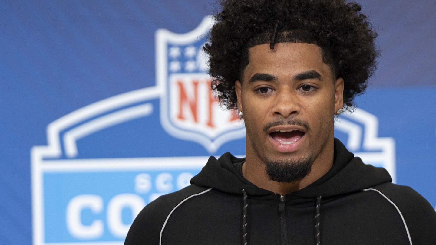 Feb 26, 2026; Indianapolis, IN, USA; LSU defensive back Mansoor Delane (DB06) speaks to media. Mandatory Credit: Jacob Musselman-Imagn Image