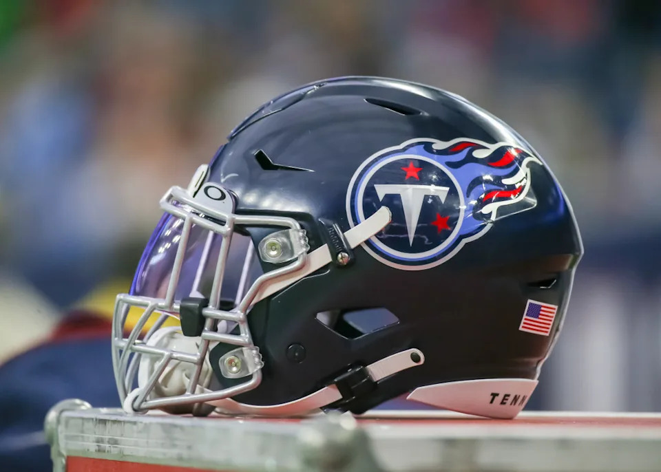 HOUSTON, TX - JANUARY 09: Tennessee Titans helmet rests on equipment trunk during the NFL game between the Tennessee Titans and Houston Texans on January 9, 2022 at NRG Stadium in Houston, Texas. (Photo by Leslie Plaza Johnson/Icon Sportswire via Getty Images)Icon Sportswire/Getty Images
