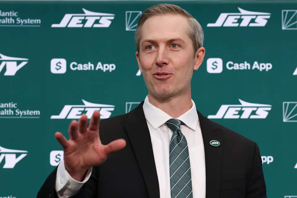 FLORHAM PARK, NEW JERSEY - JANUARY 27: New York Jets general manager Darren Mougey is introduced to the media at Atlantic Health Jets Training Center on January 27, 2025 in Florham Park, New Jersey. (Photo by Ed Mulholland/Getty Images)