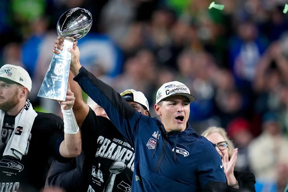 Seattle Seahawks head coach Mike Macdonald holds the Lombardi Trophy after defeating the New England Patriots in Super Bowl 60 football game, Sunday, Feb. 8, 2026, in Santa Clara, Calif. AP