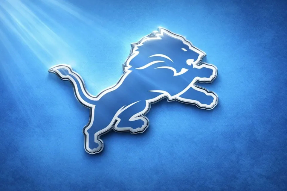 Create a feature image that includes a metallic Detroit Lions logo and a cool light blue background Detroit Lions sign Jamel Dean