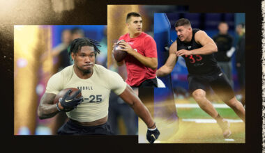 A photo illustration depicting Purdue NFL draft prospects Tyrone Tracy, Aidan O’Connell and George Karlaftis participating in drills at the NFL Scouting Combine