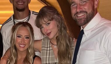 Travis Kelce, Patrick and Brittany Mahomes, and Taylor Swift pictured together at 1587 Prime