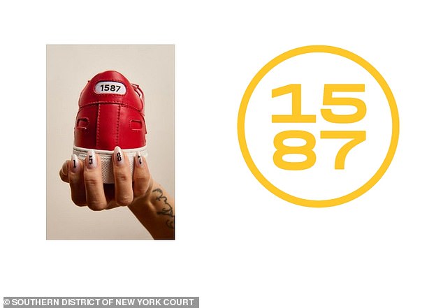 The sneaker brand uses 1587 as a nod to the first year Asians reached North America. Pictured above: One of 1587 Sneakers shoes (left) and the Boston-based company's logo (right)
