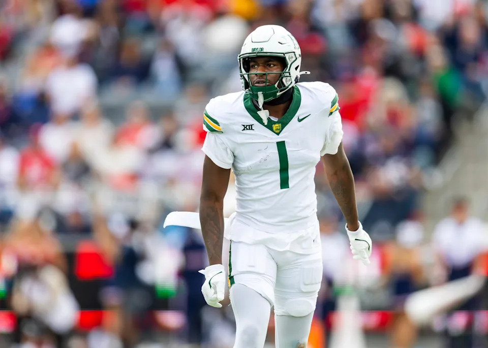 Nov 22, 2025; Tucson, Arizona, USA; Baylor Bears tight end Michael Trigg (1) against the Arizona Wildcats at Casino Del Sol Stadium. Mandatory Credit: Mark J. Rebilas-Imagn Images