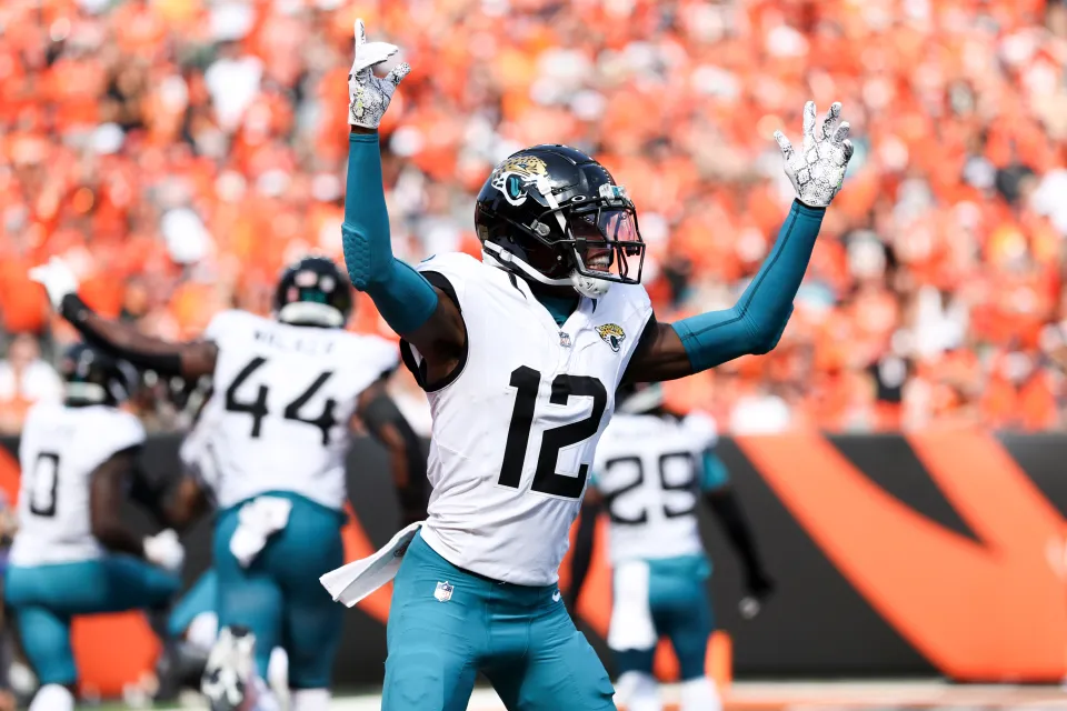 Travis Hunter #12 of the Jacksonville Jaguars celebrates after a play during the second half of an NFL game against the Cincinnati Bengals at Paycor Stadium on September 14, 2025 in Cincinnati, Ohio