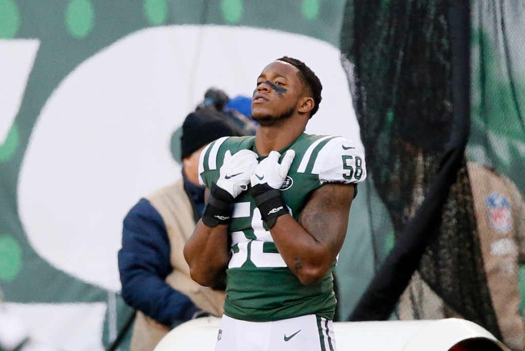 Darron Lee #58 of the New York Jets reacts on the sideline the fourth quarter as the Bills defeat the Jets 41-10 in an NFL football game at MetLife Stadium,  November 11, 2018.  