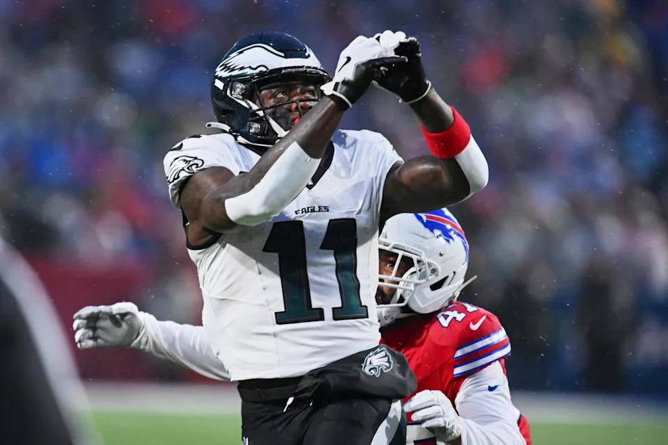 Philadelphia Eagles wide receiver A.J. Brown (11) prepares to catch a pass against the Buffalo Bills.Mark Konezny-Imagn Images