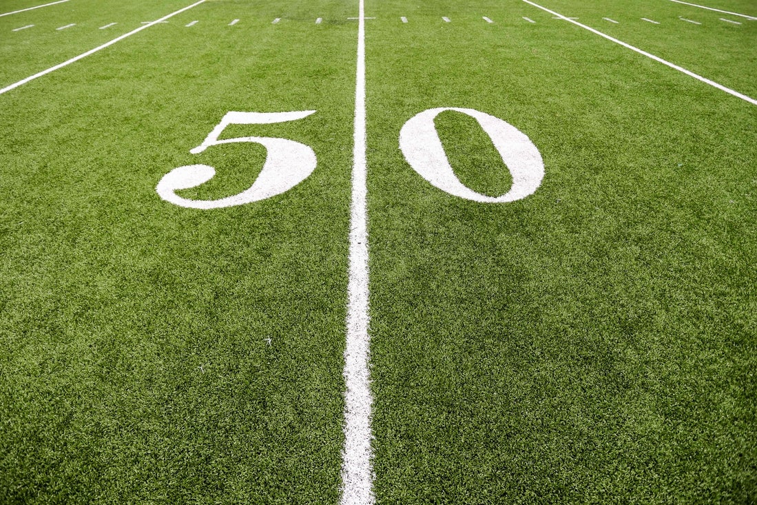 Dec 18, 2021; New Orleans, LA, USA; Detailed view of the 50 yard line before the game between the Louisiana-Lafayette Ragin Cajuns and the Marshall Thundering Herd at the  2021 New Orleans Bowl at Caesars Superdome. Mandatory Credit: Stephen Lew-Imagn Images