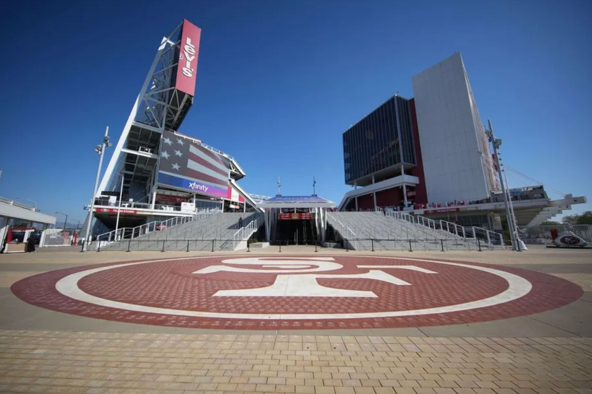 Oct 19, 2025; Santa Clara, California, USA; The San Francisco 49ers logo at the entrance as seen before the game against the Atlanta Falcons at Levi's Stadium. Mandatory Credit: Darren Yamashita-Imagn Images