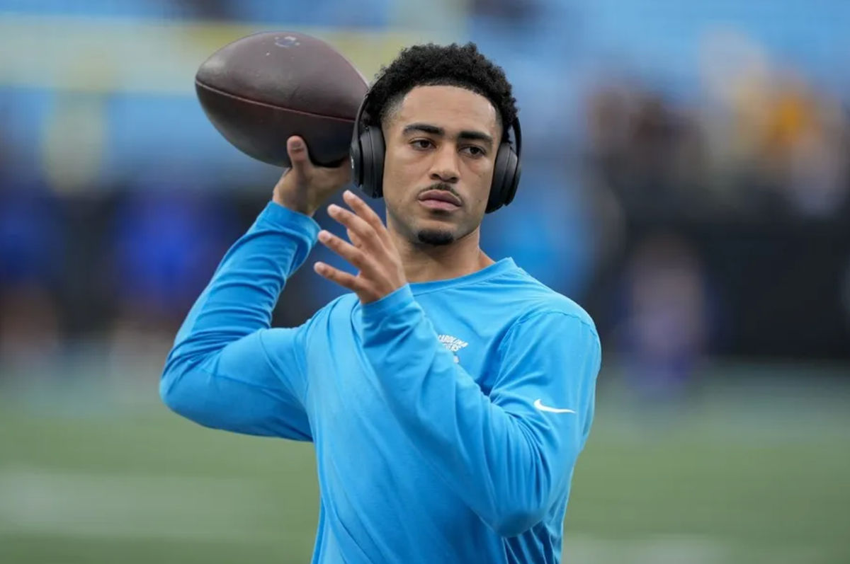 Jan 10, 2026; Charlotte, NC, USA; Carolina Panthers quarterback Bryce Young (9) during pregame warm ups before the NFC Wild Card Round game between the Carolina Panthers and the Los Angeles Rams at Bank of America Stadium. Mandatory Credit: Jim Dedmon-Imagn Images