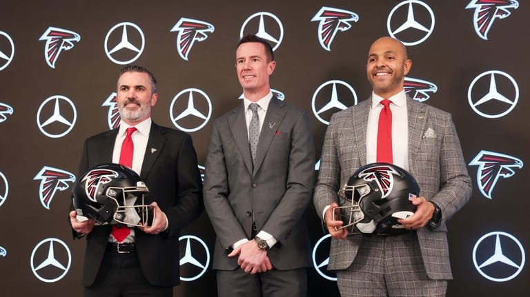 Atlanta Falcons head coach Kevin Stefanski, from left, Falcons president...