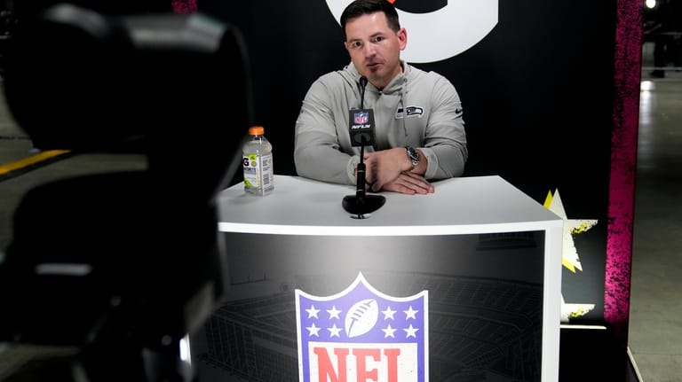 Seattle Seahawks head coach Mike MacDonald speaks during the NFL...