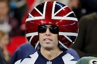 Gregg Wilson, inventor of the Wreckin' Ball Helmet, wears a union jack version of his wares...