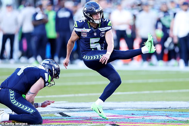 SANTA CLARA, CALIFORNIA - FEBRUARY 08: Jason Myers #5 of the Seattle Seahawks kicks a field goal against the New England Patriots during the first quarter in Super Bowl LX at Levi's Stadium on February 08, 2026 in Santa Clara, California.  (Photo by Kevin C. Cox/Getty Images)