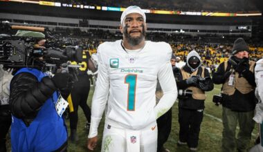Dec 15, 2025; Pittsburgh, Pennsylvania, USA; Miami Dolphins quarterback Tua Tagovailoa (1) leaves the field following a game against the Pittsburgh Steelers at Acrisure Stadium.