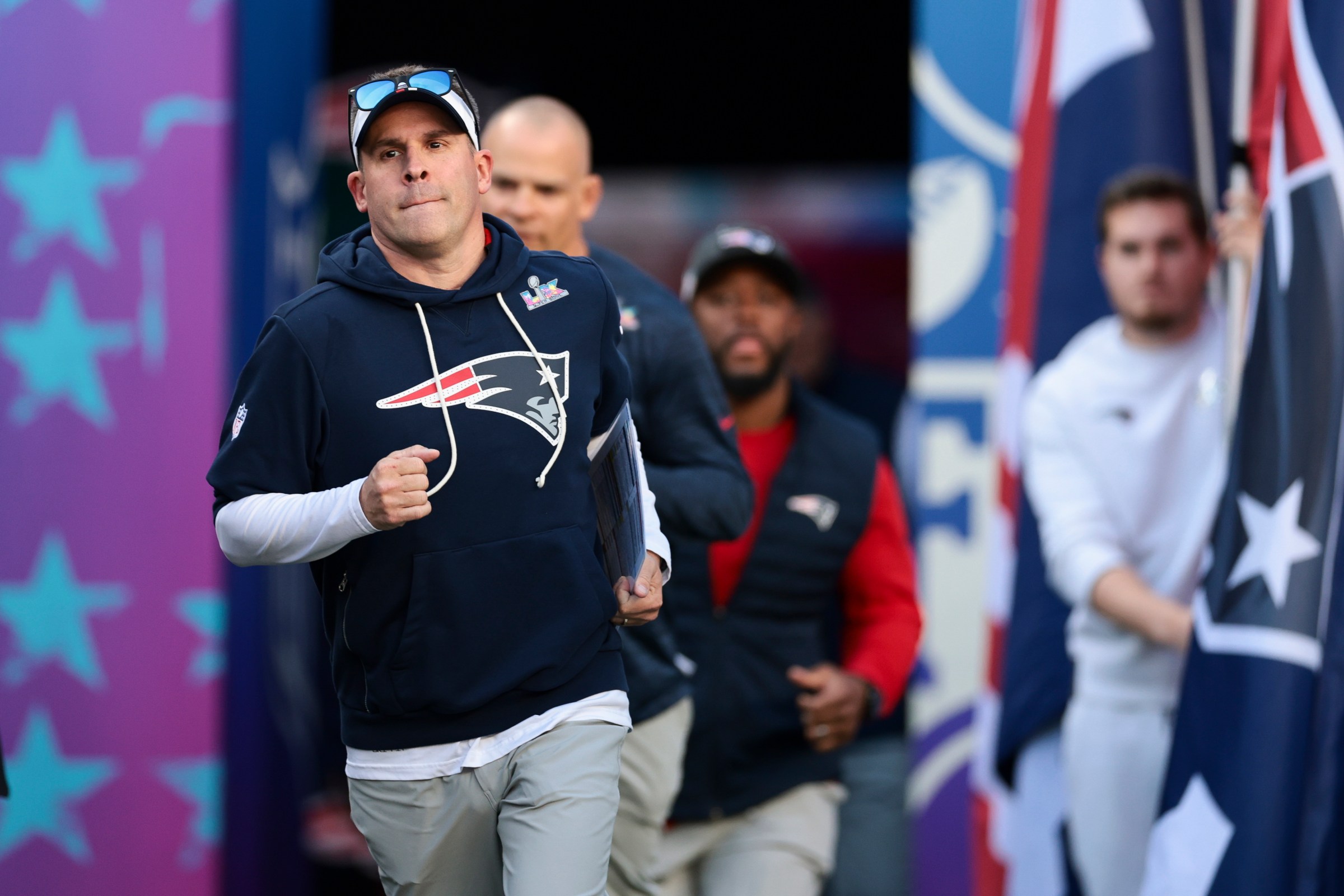 SANTA CLARA, CALIFORNIA - FEBRUARY 08: Josh McDaniels of the New England Patriots runs on the field prior to Super Bowl LX against the Seattle Seahawks at Levi’s Stadium on February 08, 2026 in Santa Clara, California. (Photo by Kathryn Riley/Getty Images)