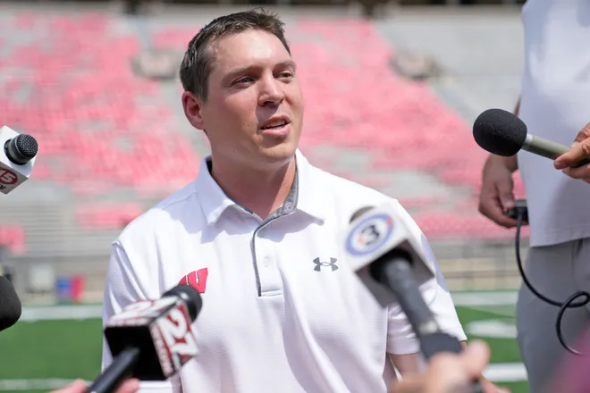 Wisconsin Badgers defensive coordinator coach Jim Leonhard was named interim head coach after Paul Chryst was fired Sunday.
Badgers Media Day 0577