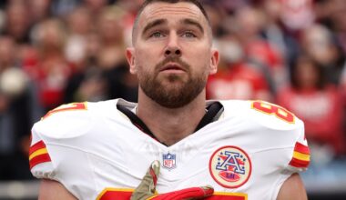 Travis Kelce #87 of the Kansas City Chiefs looks on prior to the game against the Las Vegas Raiders at Allegiant Stadium on January 04, 2026 in Las Vegas, Nevada.