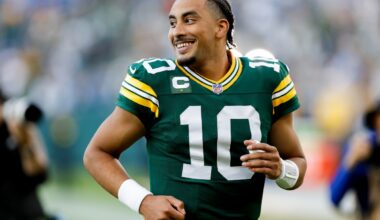 Jordan Love #10 of the Green Bay Packers celebrates after the Packers beat the Detroit Lions 27-13 at Lambeau Field on September 07, 2025 in Green Bay, Wisconsin.