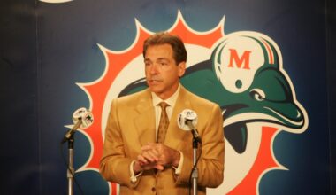 Jan 4, 2005; Davie, FL, USA; Nick Saban is introduced as the new Miami Dolphins head coach at the Dolphins practice facility in Davie, Florida.