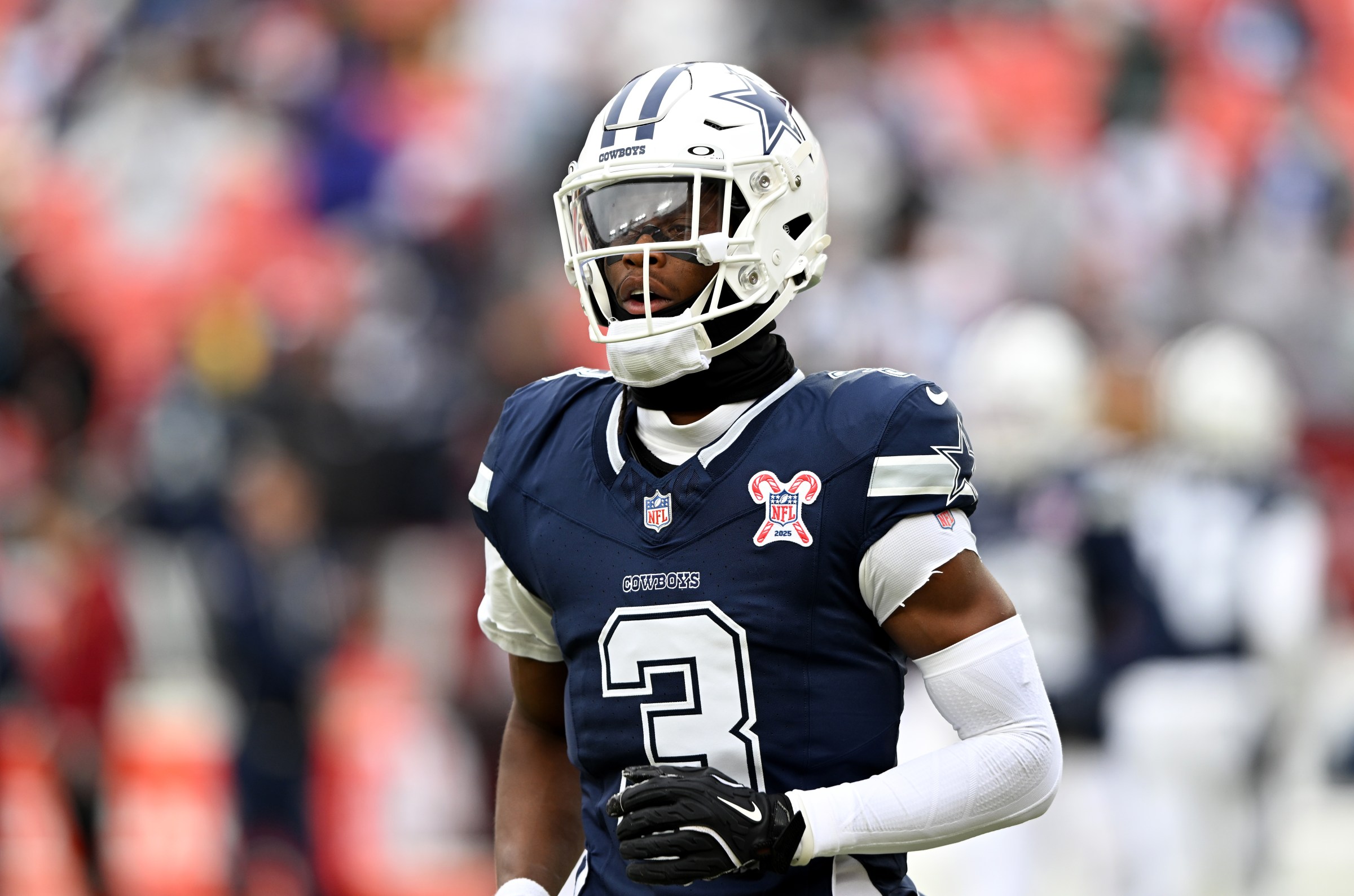 LANDOVER, MARYLAND - DECEMBER 25: George Pickens #3 of the Dallas Cowboys warms up before the game against the Washington Commanders at Northwest Stadium on December 25, 2025 in Landover, Maryland. (Photo by G Fiume/Getty Images)