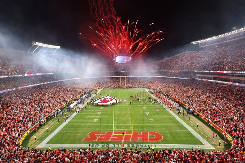A wide view from the end zone of Arrowhead Stadium as fireworks explode during the National Anthem before a Christmas Day NFL game between the Denver Broncos and Kansas City Chiefs on December 25, 2025 in Kansas City, MO. Icon Sportswire via Getty Images