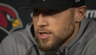 Nick Rallis (defensive coordinator) answers questions during a news conference at the Arizona Cardinals training facility in Tempe on Feb. 18, 2026. Syndication: Arizona Republic