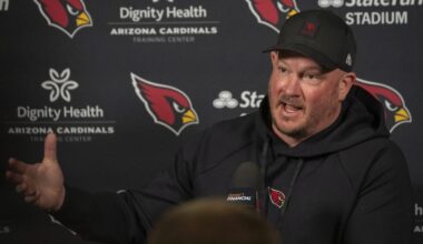 Nathaniel Hackett (offensive coordinator) answers questions during a news conference at the Arizona Cardinals training facility in Tempe on Feb. 18, 2026. Syndication: Arizona Republic