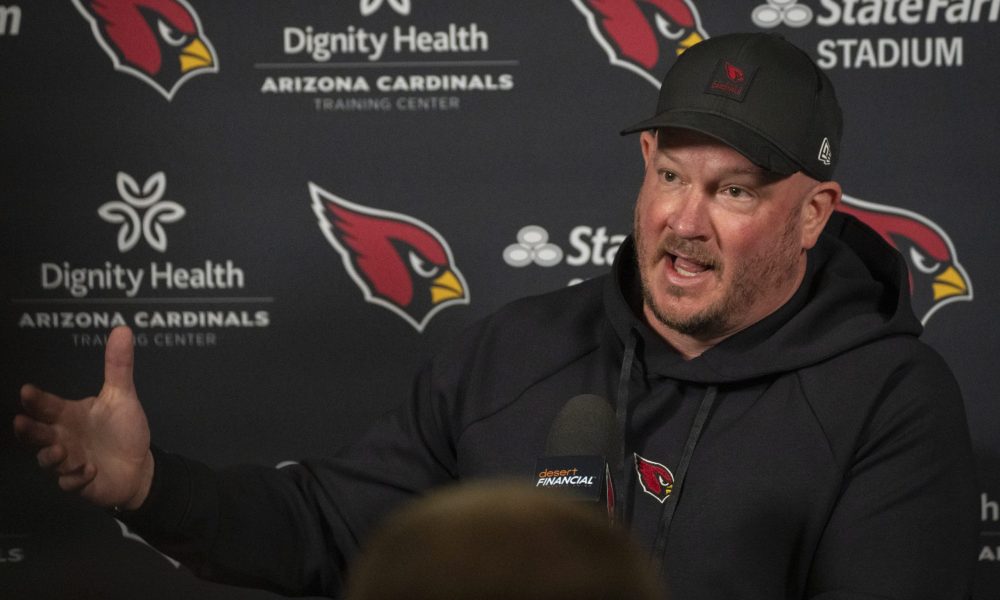 Nathaniel Hackett (offensive coordinator) answers questions during a news conference at the Arizona Cardinals training facility in Tempe on Feb. 18, 2026. Syndication: Arizona Republic