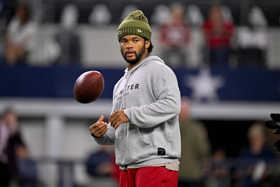 Nov 3, 2025; Arlington, Texas, USA; Arizona Cardinals quarterback Kyler Murray (1) looks on from the field before the game between the Dallas Cowboys and the Arizona Cardinals at AT&T Stadium. Mandatory Credit: Jerome Miron-Imagn Images© Jerome Miron-Imagn Images&period;