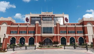 Graphic showing photos of Deland McCullough and LaMar Morgan in OU shirts against red background including OU football stadium. Text: Deland McCullough/Running Backs Coach; LaMar Morgan/Cornerbacks Coach