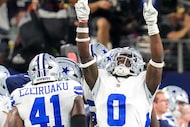 Dallas Cowboys linebacker Demarvion Overshown (0) celebrates after the Cowboys defense...